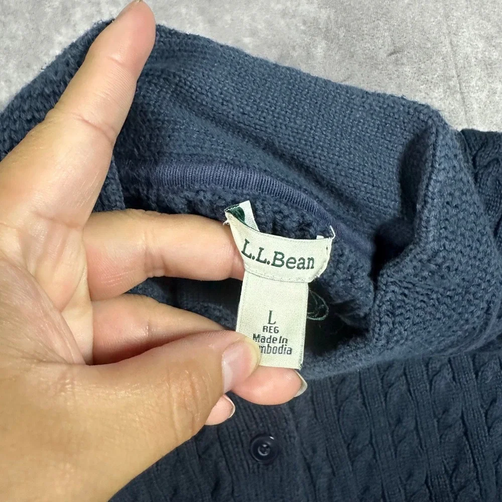 L.L. Bean Mens L Navy Blue Cable Knit Crewneck Cardigan 100% Cotton Grandpacore